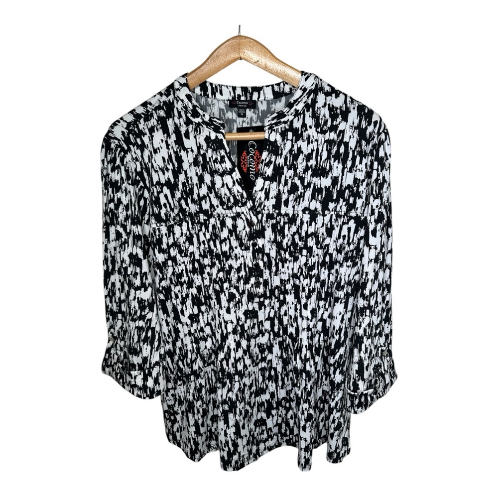 Cocomo Plus Size 3X Black White Geometric Print Studded 3/4 Sleeve Top New